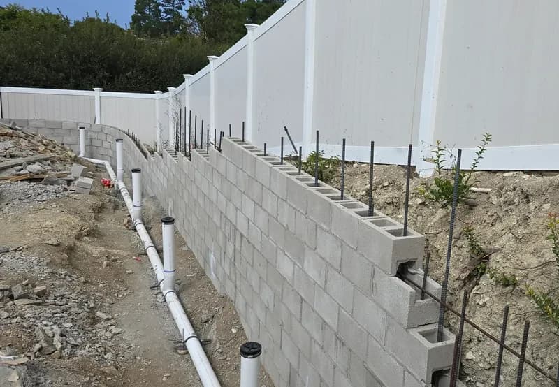 Block retaining wall in progress with rebar and drain pipe, T&N Remodeling in Rolling Hills Estates